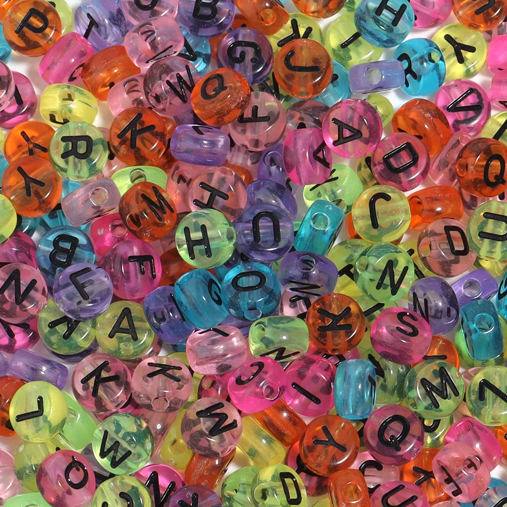 다채로운 색상의 투명 혼합 아크릴 레터 비즈, 둥근 평면 블랙 알파벳 루즈 비즈, 의류 장식 및 DIY 액세서리 제작용