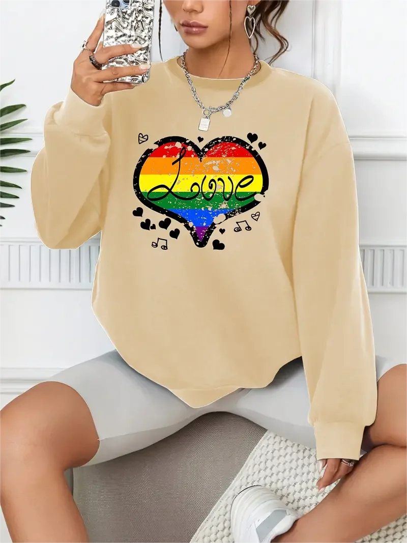 Rainbow Love Print Pullover Casual Loose Fashion Long-Sleeved Sweatshirt Solid Color Women's Top