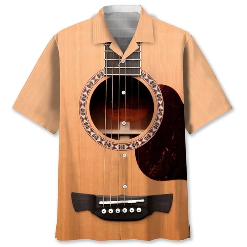 thumbnail image 1 of Camisa hawaiana con estampado 3D de guitarra colorida para hombre, blusa de verano de manga corta con estampado de instrumentos musicales y solapa con botones, 1 of 5