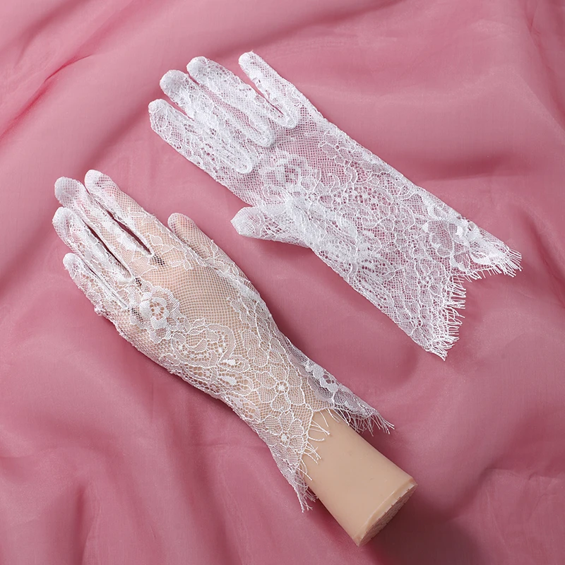 High Quality White Short Lace Hollow Tulle Gloves All Finger Women's Wedding Dress Party Accessories