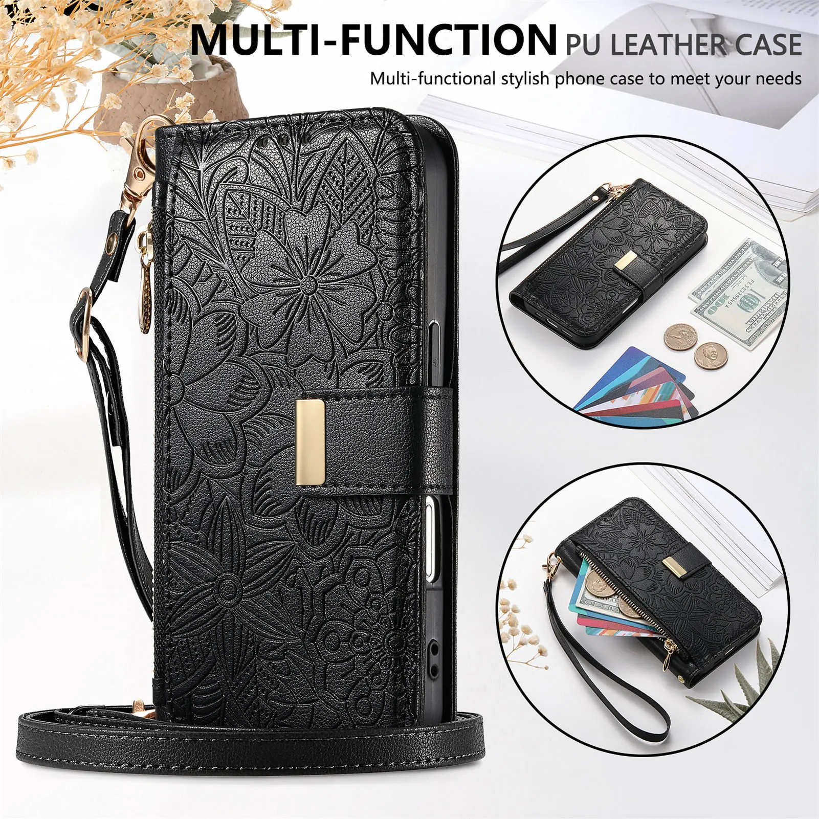 PU Leather Zipper Crossbody Flip Wallet Card Slot Phone Case For Samsung Galaxy S25 Plus S24 FE S23 Ultra S22 Wrist Strap Cover 4