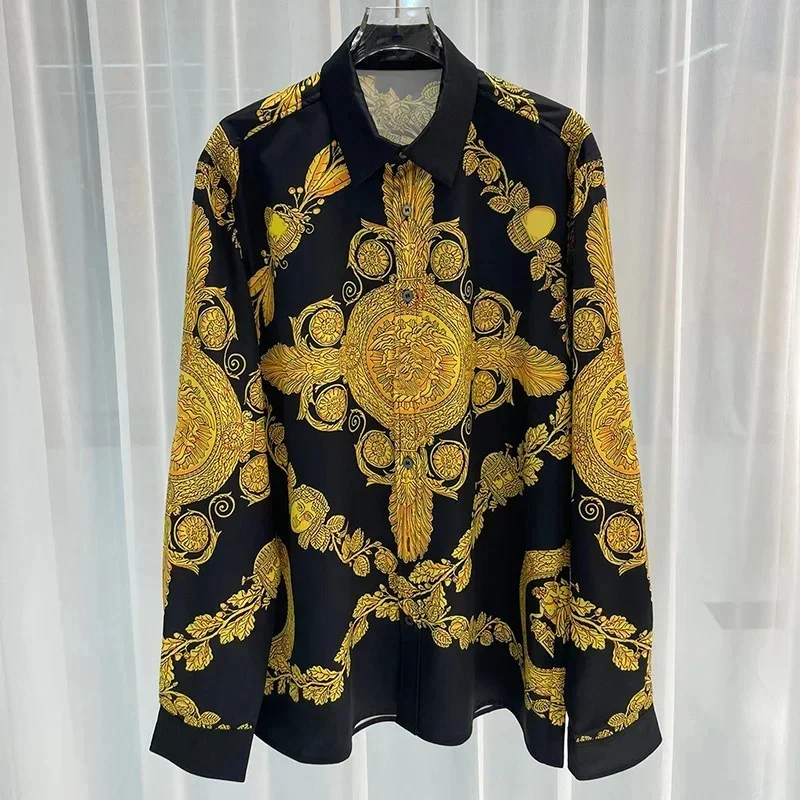 

Baroque Court Style Men Shirts Golden Pattern Long Sleeve Tops Turn-down Collar Button Shirt Fashion Luxury Social Mens Clothing