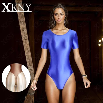 XClocKNYoung satin glossy tights T-shaped high fork short sleeve swimsuit Yoga sportswear mjinm solid color gymnastic suit