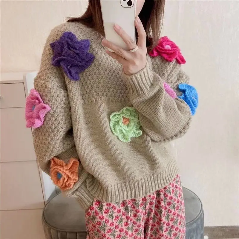 

Handmade Flower Pullover Sweater for Women's Loose and Lazy Style 2023 Autumn/Winter New Western Style Knitwear
