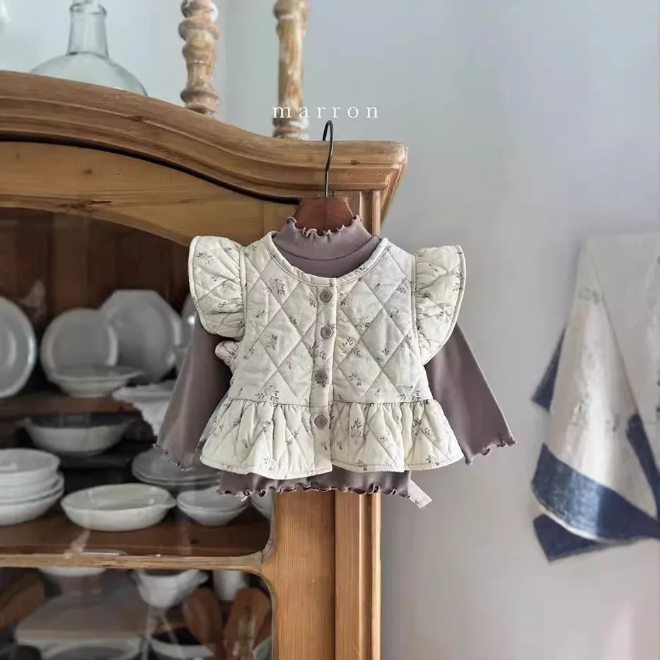 2025 Autumn New Baby Girl Sleeveless Floral Vest Coat Infant Thick Warm Vest Kids Girls Clothes Set Toddler Girl Cotton Jacket