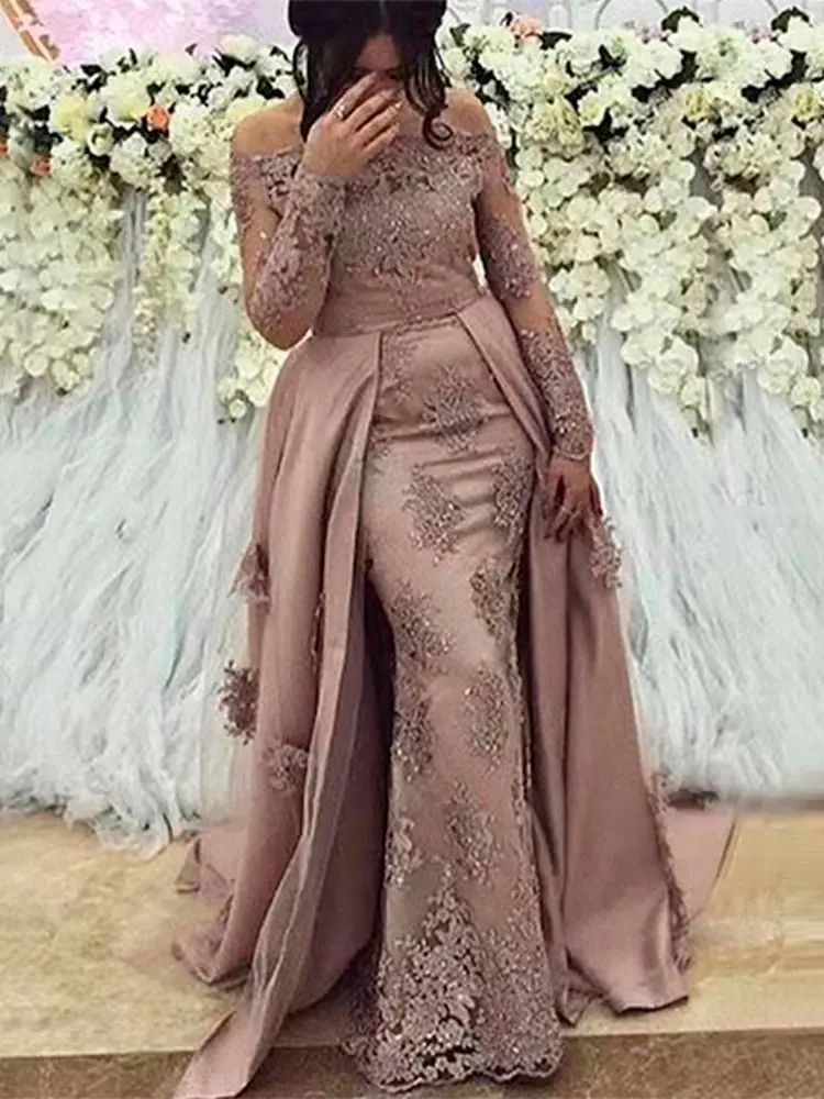 

Lace Applique Beads Mermaid Mother Of The Bride Dresses Off Shoudler Detachable Train Wedding Party Formal Evening Gowns