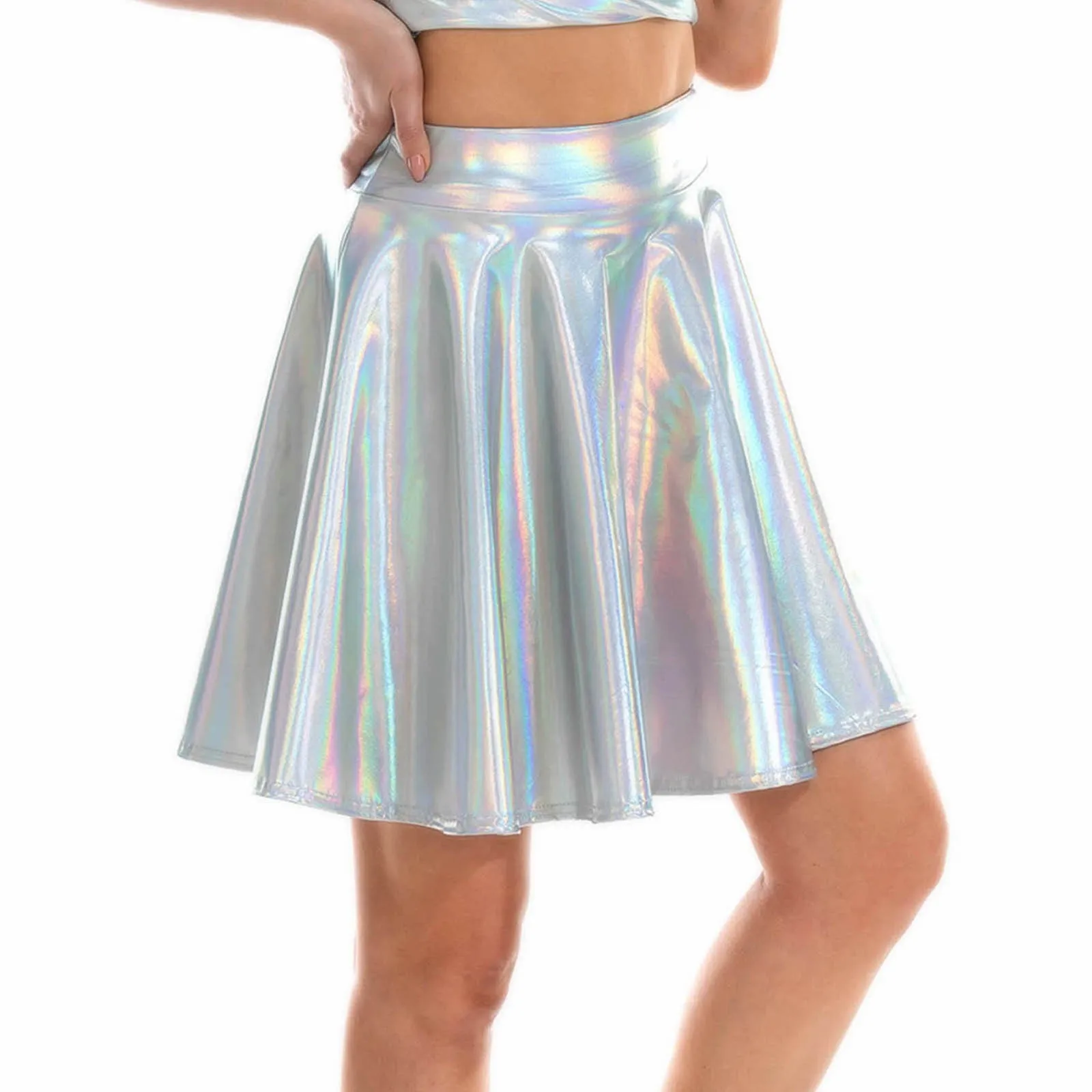 Summer Sexy Laser High Waist Mini Pu Leather Skirt Club Party Dance Shiny Holographic Skirts Harajuku Jk Metallic Pleated Skirts