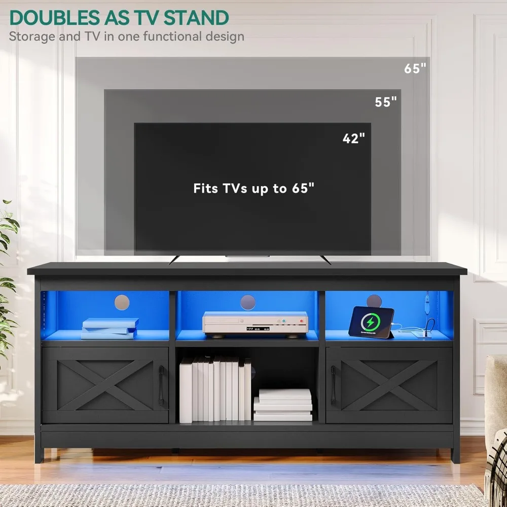 Farmhouse TV Stand with Power Outlet, LED Light Entertainment Center for 65 Inch TVs, TV Cabinet with Storage, Rustic M 5