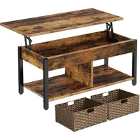 Hidden Storage Compartment and 2 Rattan Baskets, 41.7" Retro Central Table, Rustic Brown, Café Tables 1