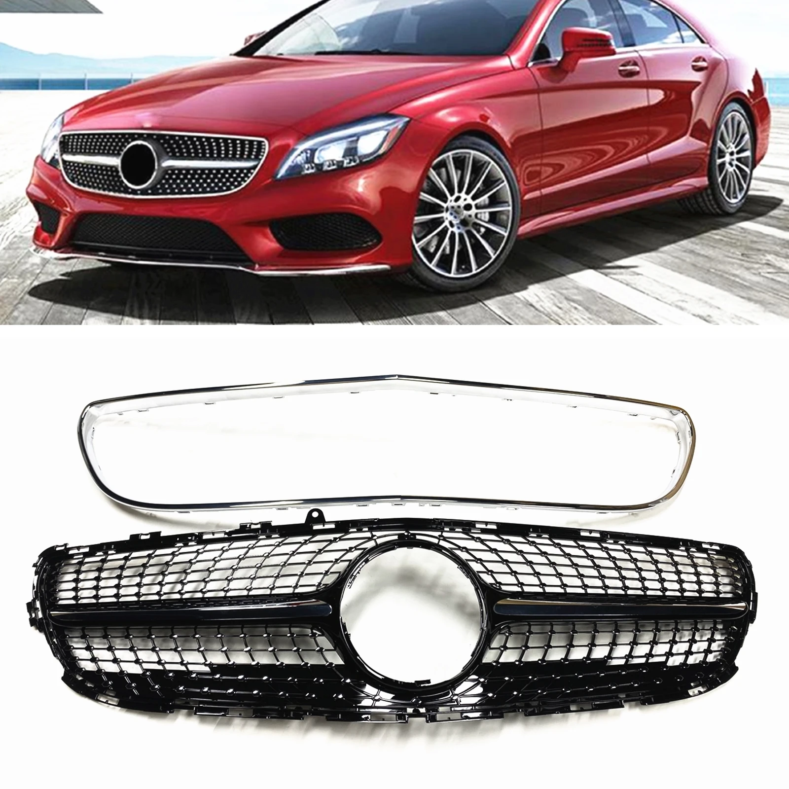 

For Mercedes-Benz W218 CLS Class 2014-2018 Front Grille Grill Silver/Black With Frame Cover Upper Bumper Hood Mesh