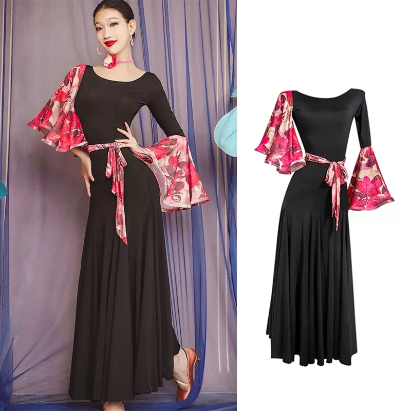 

Ballroom Dance Dress Printing Flare Sleeve Tango Dancing Clothes Adult Women Prom National Standard Waltz Dancing Dress VDB6847