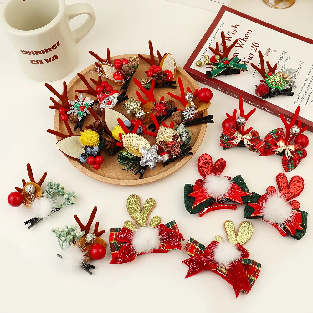 1 Pair Christmas Hair Clips Cartoon Plush Elk Ear Hairpins Santa Snowman Barrette For Kids Women Cosplay Headwear Xmas New Year