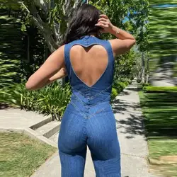 Fashion Spring Summer Sleeveless Jumpsuit Sexy Heart Hollow Backless Denim Romper Women Street Vintage High Waist Jeans Overalls