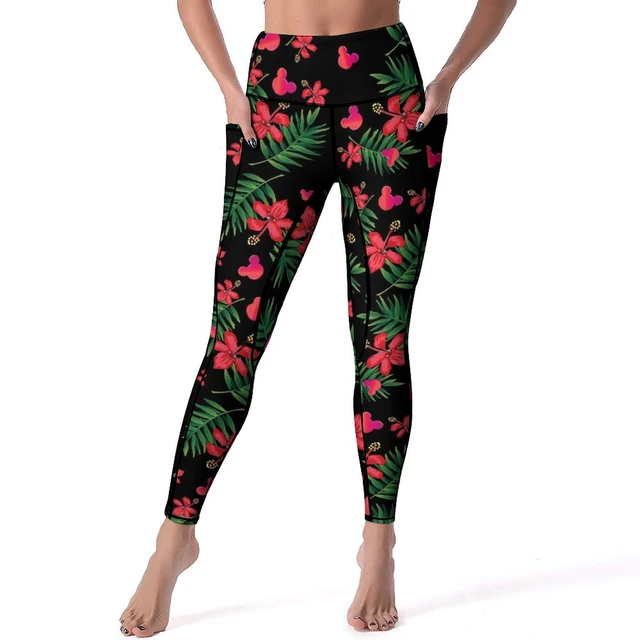 Floral Mickey Ears Yoga Pants With Pockets Green Leaf Print Leggings Sexy  Push Up Yoga Sports Tights Fitness Running Leggins - AliExpress