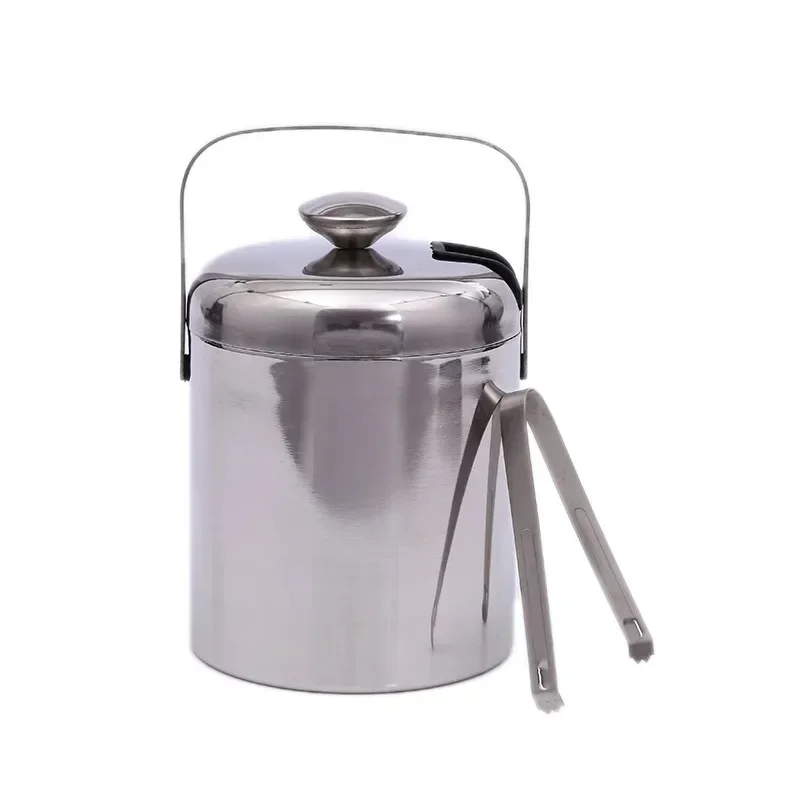 Ice Bucket with Tongs Double Wall Strainer Handle Home Bar Parties Beer Champagne Stainless Steel Chilling Cooler Buckets 1.3L