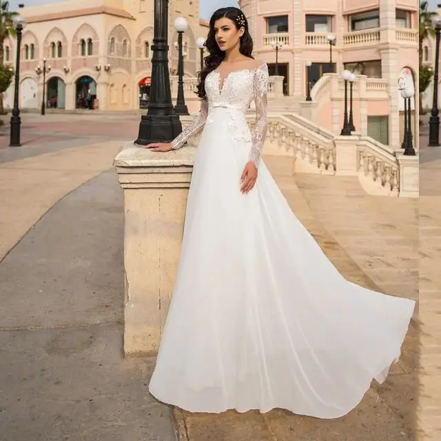 

Doymeny Beach Wedding Dresses With Belt For Women Long Sleeves Lace Appliques Illusion White Bride Bress Bridal Gowns 2024