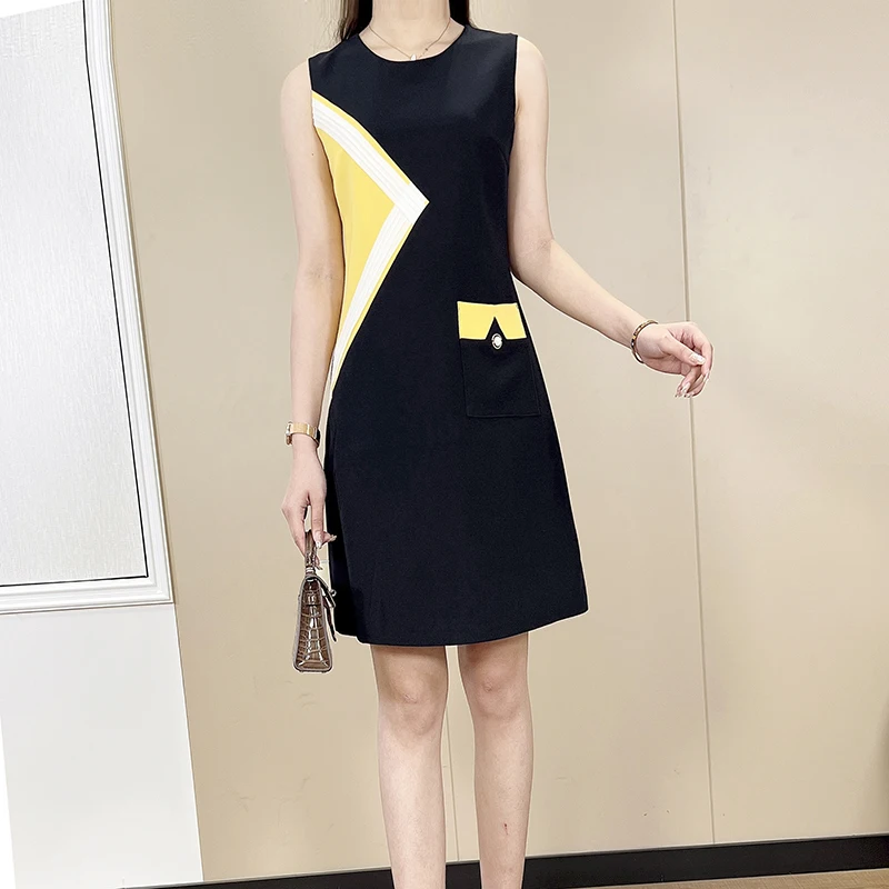 

MIUXIMAO 2022 New Summer Women's Clothing O-Neck Sleeveless Slim Waist Patchwork Dress Fashion Elegant Office Style