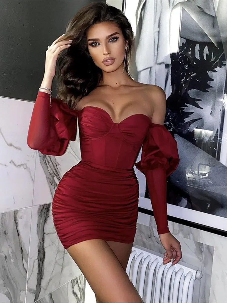 Vestido corto de fiesta de manga larga sin hombros para mujer, minivestido Sexy a moda, color burdeos, elegante, para invierno, 2022 - AliExpress Mobile