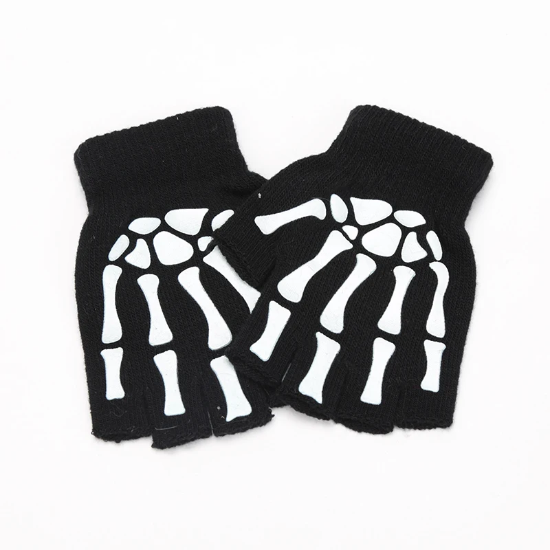 Guantes Punk luminosos de medio dedo para niños y adultos, manopla negra sin dedos, para Halloween