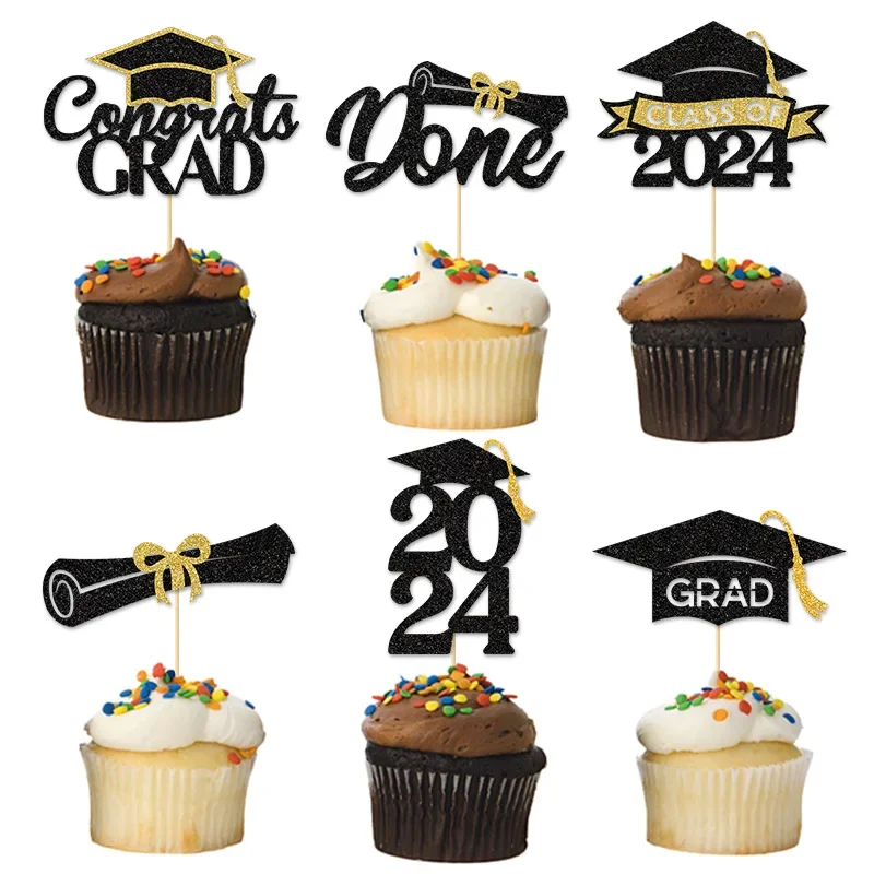 12pc 2024 Graduation Paper Cake Toppers Bachelor Cap Congrasts Grad Cake Picks Congratulation Class of 2024 Graduate Party Decor