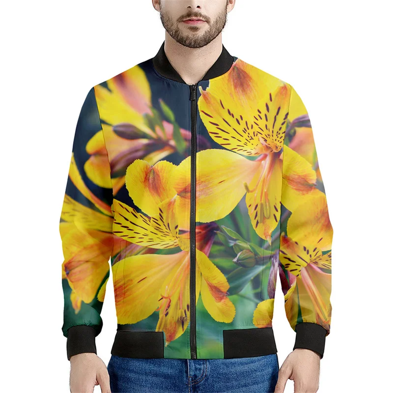 thumbnail image 1 of Chaqueta con cremallera y estampado de flores de alstroemerias para hombre, sudadera étnica con estampado 3D, chaqueta informal de calle, abrigo de manga larga con cremallera, 1 of 5