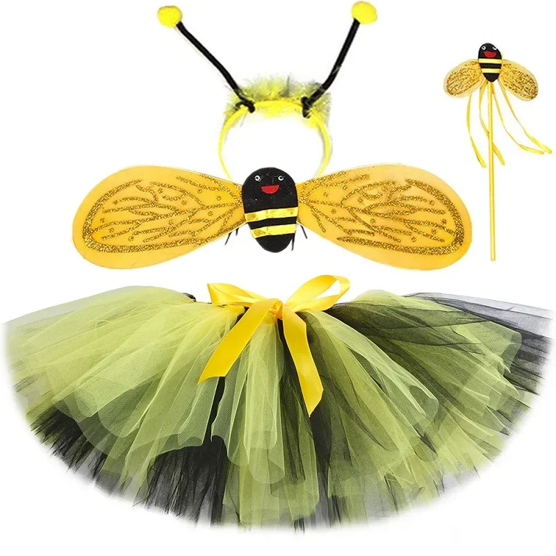Falda tutú de abeja pequeña para niñas, minifalda de tul esponjosa con alas, disfraz de abeja para fiesta de Halloween para niños, tutú para bebés pequeños