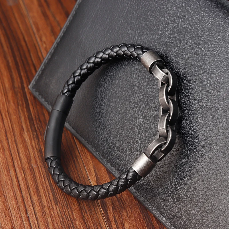 Stainless Steel Men Leather Bracelet