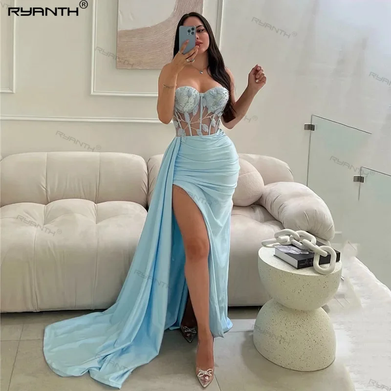 

Sky Blue Sweetheart Mermaid Evening Dresses 3D Lace Saudi Arabic Prom Dress Side Split Formal Occasion Dresses Celebrity Dress