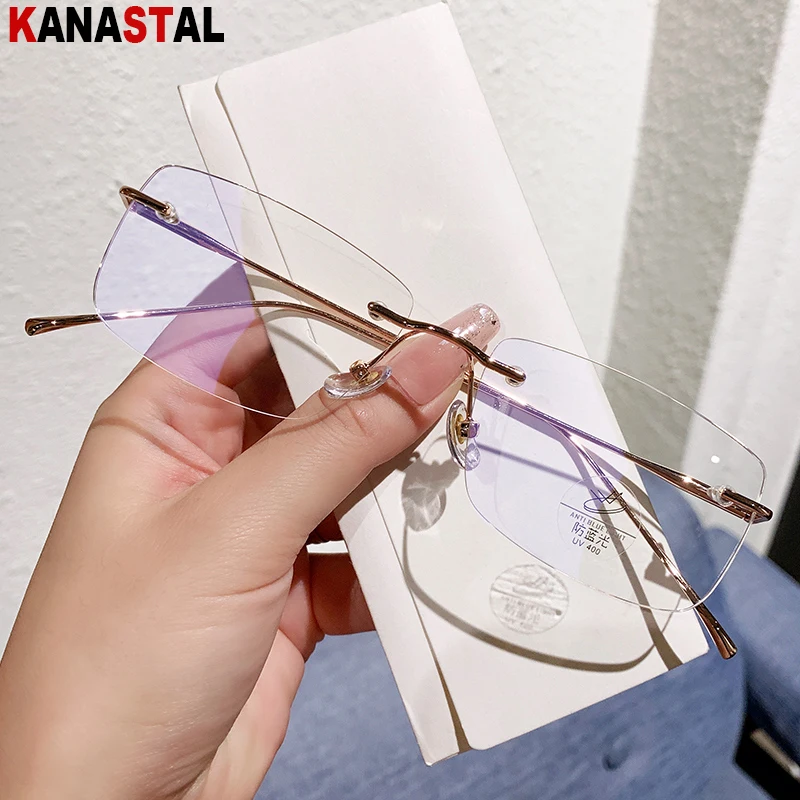Men Rimless Blue Light Blocking Reading Glasses Women Metal