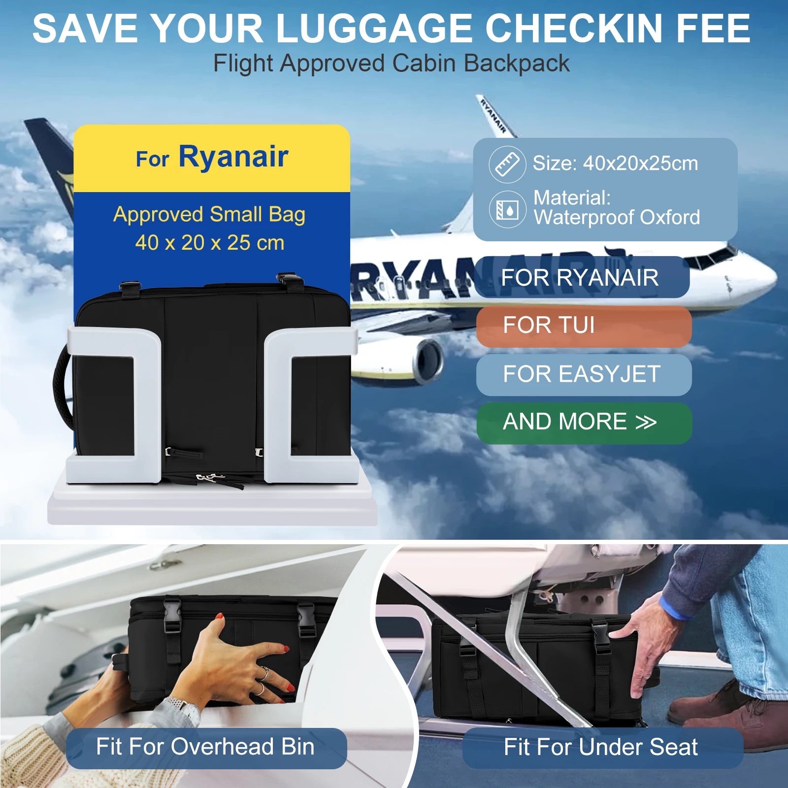 Ryanair Backpack 40x20x25 Cabin Bag  Men Women Travel Backpack Hand Luggage Bag, Storage Bag Waterproof Laptop Backpack for Work