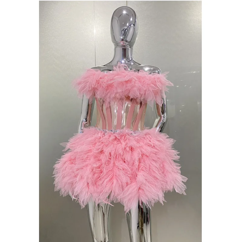 Pink Sweet Woman Set Sparkling Crystal Strapless Top And Mini Puffy Skirt 2 Pieces Birthday Party Vestido Performance Costume