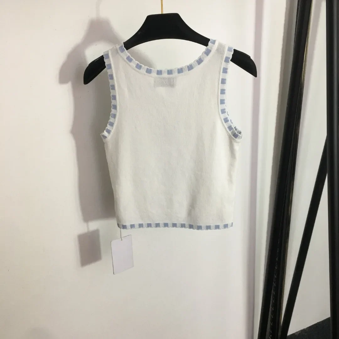 

Summer New Contrast Polka Dot Knitted Sleeveless Tank Top Women's Short Denim Patch Decorative Underlay Small Layup