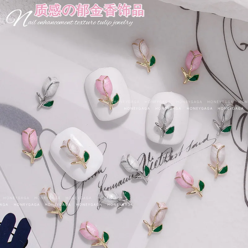 

10Pcs Metal Tulip Flowers Nail Charms 3D White/Pink/Silver French Tulip Flowers Nail Art Decoration Kawaii Tulip Manicure Parts
