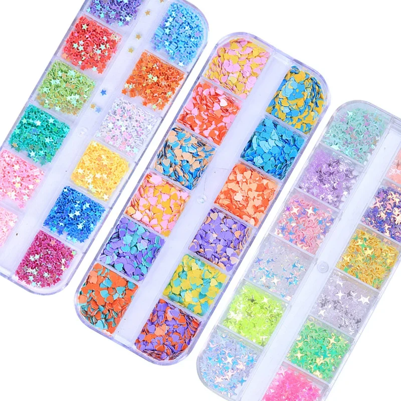 

1 Box Mix Color Natural Rhinestone For Nails 3D Gradient heart Star Slices Nail Art Decorations Nail Glitter Flakes