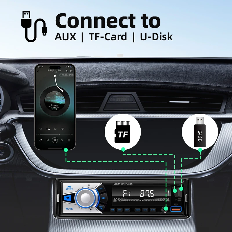 Car Radio Audio 1 Din Bluetooth Stereo Hands-Free Calling MP3 Player FM Receiver