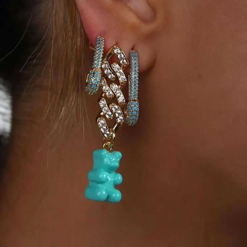 Korean Fashion Kpop Ins Sweet Inlaid Resin Bear Earrings Chain Statement Neon Jewelry Luxury Acrylic Aretes De Mujer