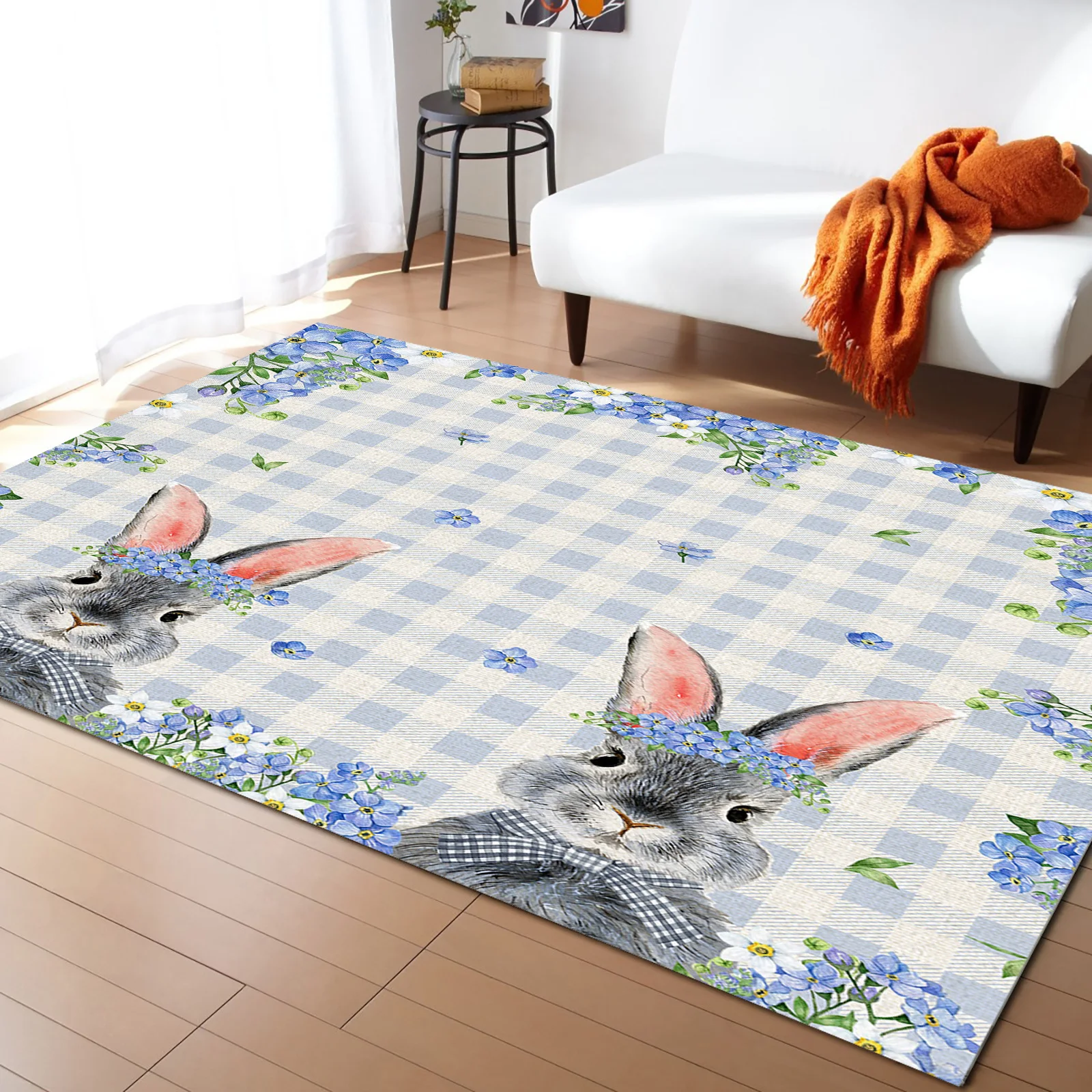 

Spring Easter Bunny Blue Flowers Living Room Floor Mat Children's Bedroom Bedside Carpet Kitchen Door