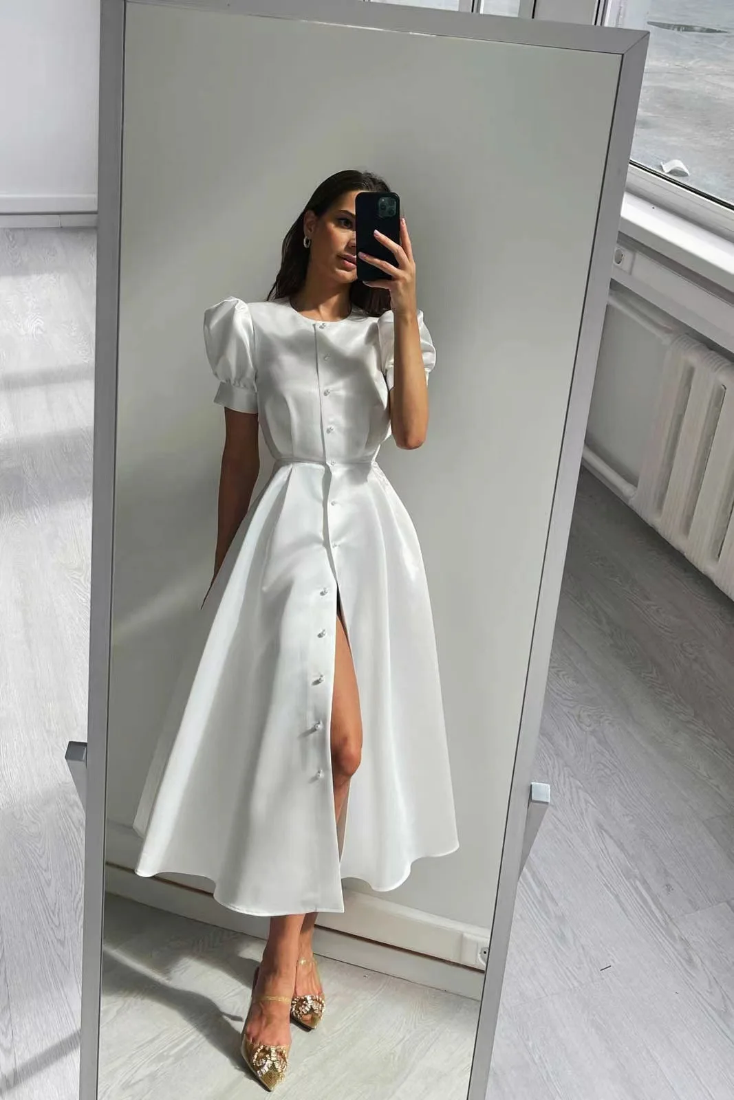

2023 Women Long Maxi Dress Fashion Casual Short Sleeve A Line Large Hem Dress Single Breasted Button Solid Color