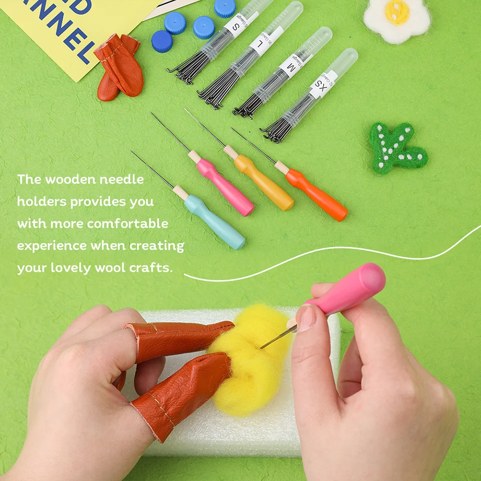 Wooden handle needle felting tools kit with 3/4 sizes wool felting needles finger cot supplies set for beginners needle felting kit wool felting kit needle felting painting kit