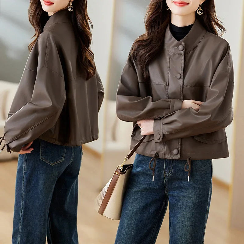 여성 크롭 다크 브라운 가죽 재킷, 브이넥 디자인, 몸집이 작은 아메리칸 빈티지 오토바이, 2023 가을 신상