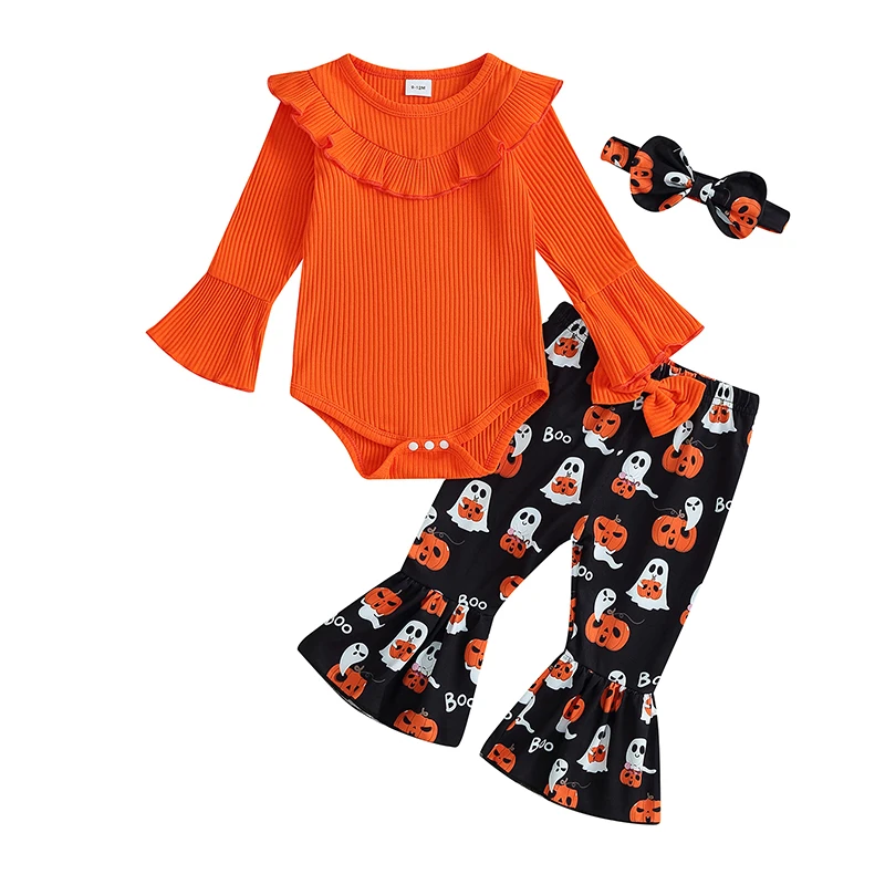 

Baby Girls Halloween Clothes Long Sleeves Romper and Ghost Pumpkin Print Flared Pants Headband 3 Pieces Outfits 0-18M