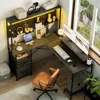 L Shaped Gaming Desk with Pegboard, Reversible Computer Desk with Drawers & Storage Shelves, LED Lights & Power Outlets, Office 1