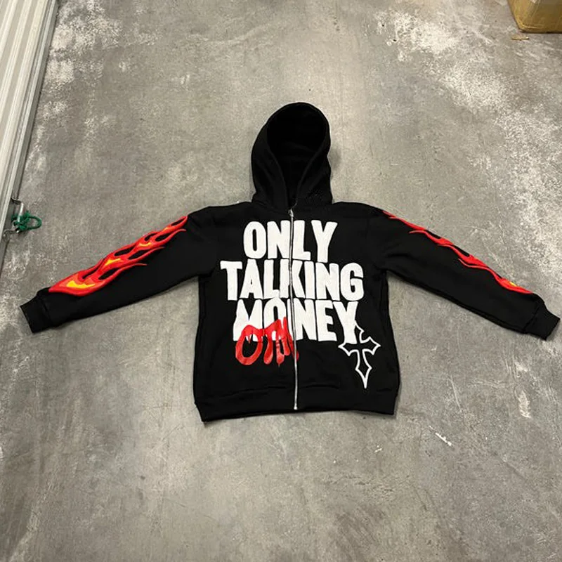 

Cardigan ripped sweatshirt suit Y2K flame letter print street casual trend cardigan jacket men and women loose hoodie