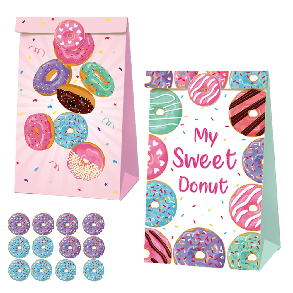 

24 Pcs Donut Party Birthday Baby Shower DecorSweet Doughnut Treat Candy Bags Colorful Paper Goodie Gift Bag Kids Boys Girls