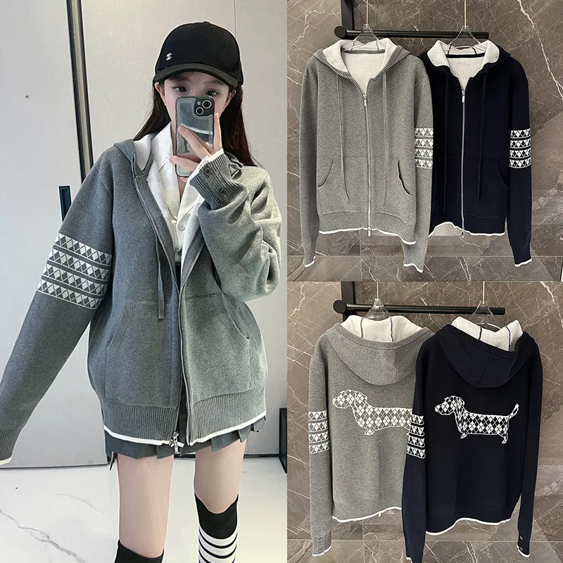 Diamond Check Vintage Wool Knitted Hooded Jacket Women Cartoon Dog Casual Loose Striped Hoodie New Winter Preppy Style Coat