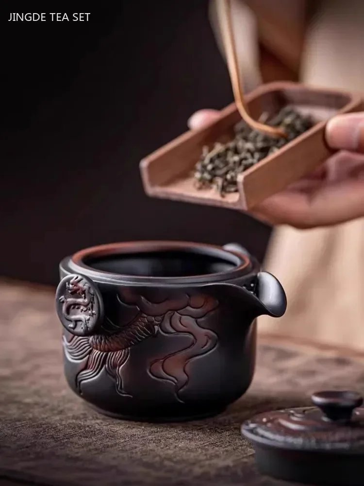 Purple Pottery Dragon Gaiwan Teacup Set Portable Tea Set Outdoor Travel Tea Infuser Retro Teapot and Cup Set Exquisite Teaware
