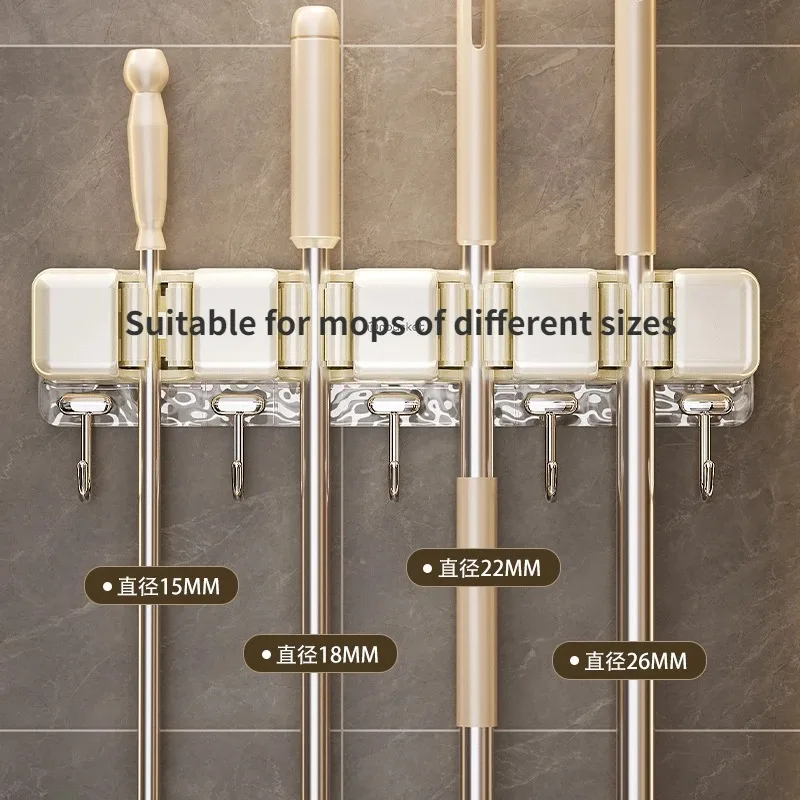 Bathroom Mop Broom Holder Wall Hook No Drilling Self-Adhesive Wall Mounted Mop Holders Multifunction Organizer Shower Holder