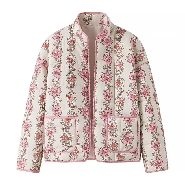 2024 Spring Contrast Color Pink Flower Print Stand neck