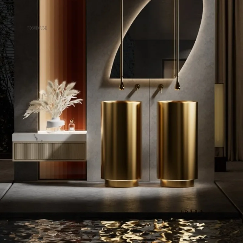 หรูหรา 304 สแตนเลสชั้นประเภทรอบคอลัมน์อ่างล้างหน้า Golden ชั้นอ่างล้างหน้าโรงแรมห้องน้ําแบบบูรณาการอ่างล้างหน้าห้องน้ําอ่างล้างมือ 1