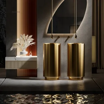 หรูหรา 304 สแตนเลสชั้นประเภทรอบคอลัมน์อ่างล้างหน้า Golden ชั้นอ่างล้างหน้าโรงแรมห้องน้ําแบบบูรณาการอ่างล้างหน้าห้องน้ําอ่างล้างมือ 1